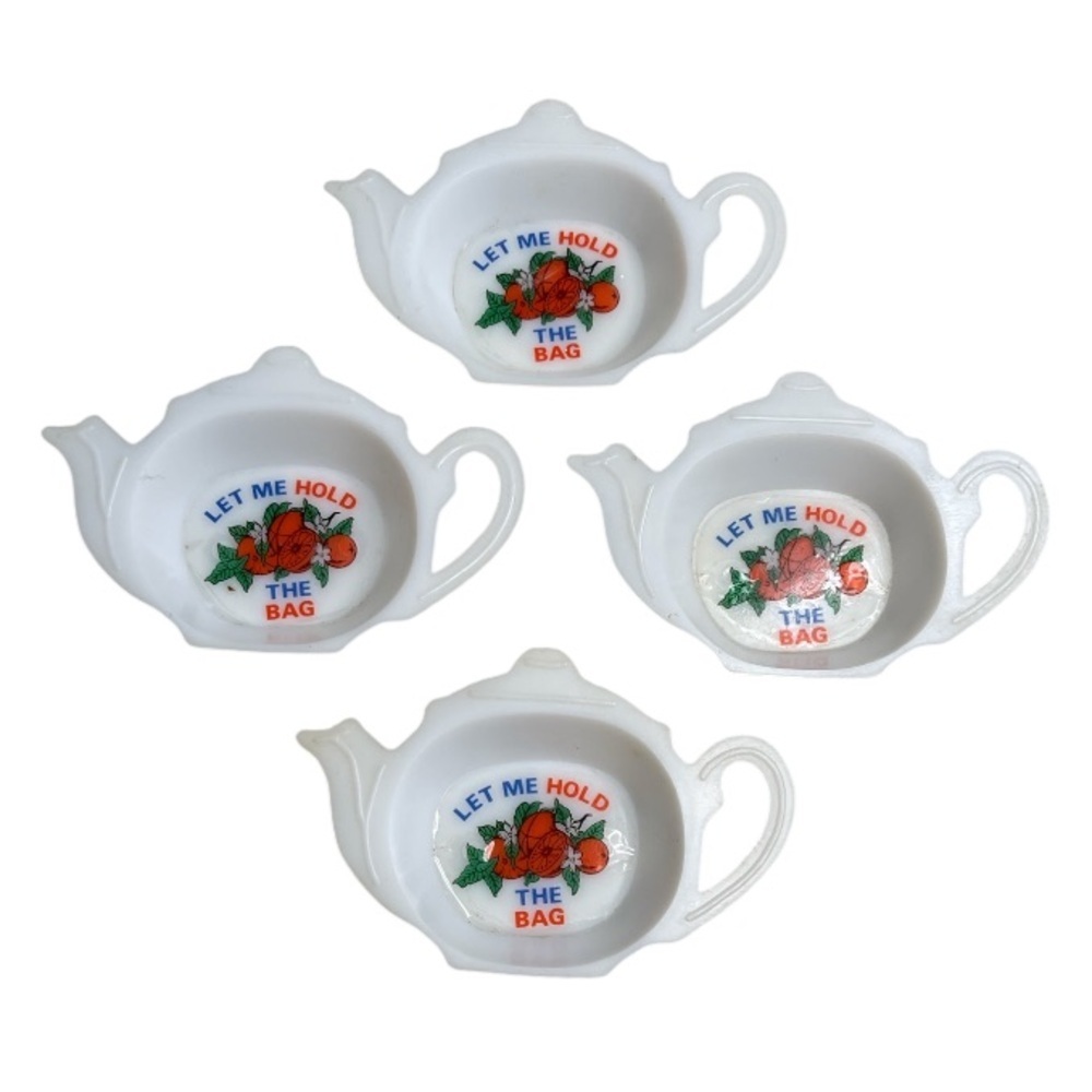 Vintage 80s Tea Bag Holders Set 4 White Made in Hong Kong Let Me Hold The Bag